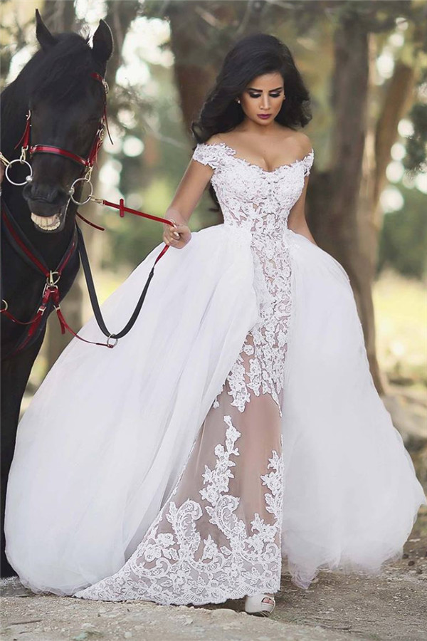 Off The Shoulder Sheer Lace Wedding Dresses Puffy Tulle Overskirt Sleeveless Bridal Gowns BA6040-newarrivaldress