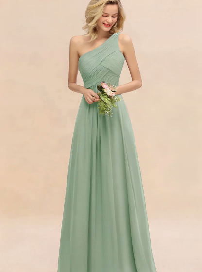 Elegant Ruched Chiffon One Shoulder Bridesmaid Dress Long Sleeveless Evening Dress