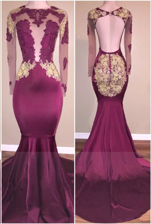 Appliques Open Back Zipper Gorgeous Mermaid Long Sleeve Prom Dresses-newarrivaldress