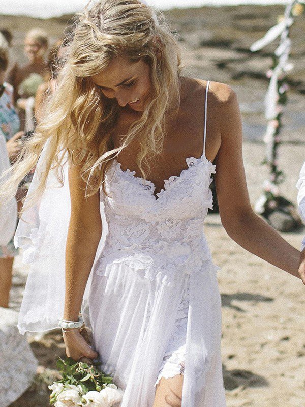 V-neck Appliques Court Train Sexy Bridal Gowns | Chiffon Sleeveless Wedding Dresses-newarrivaldress