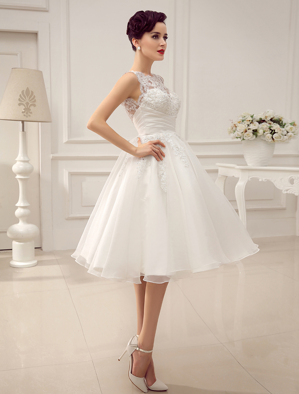 Short Wedding Dresses Vintage 1950'S Bridal Gown Backless Lace Beading Pleated Sequins Illusion Wedding Reception Dress With Exclusive-newarrivaldress