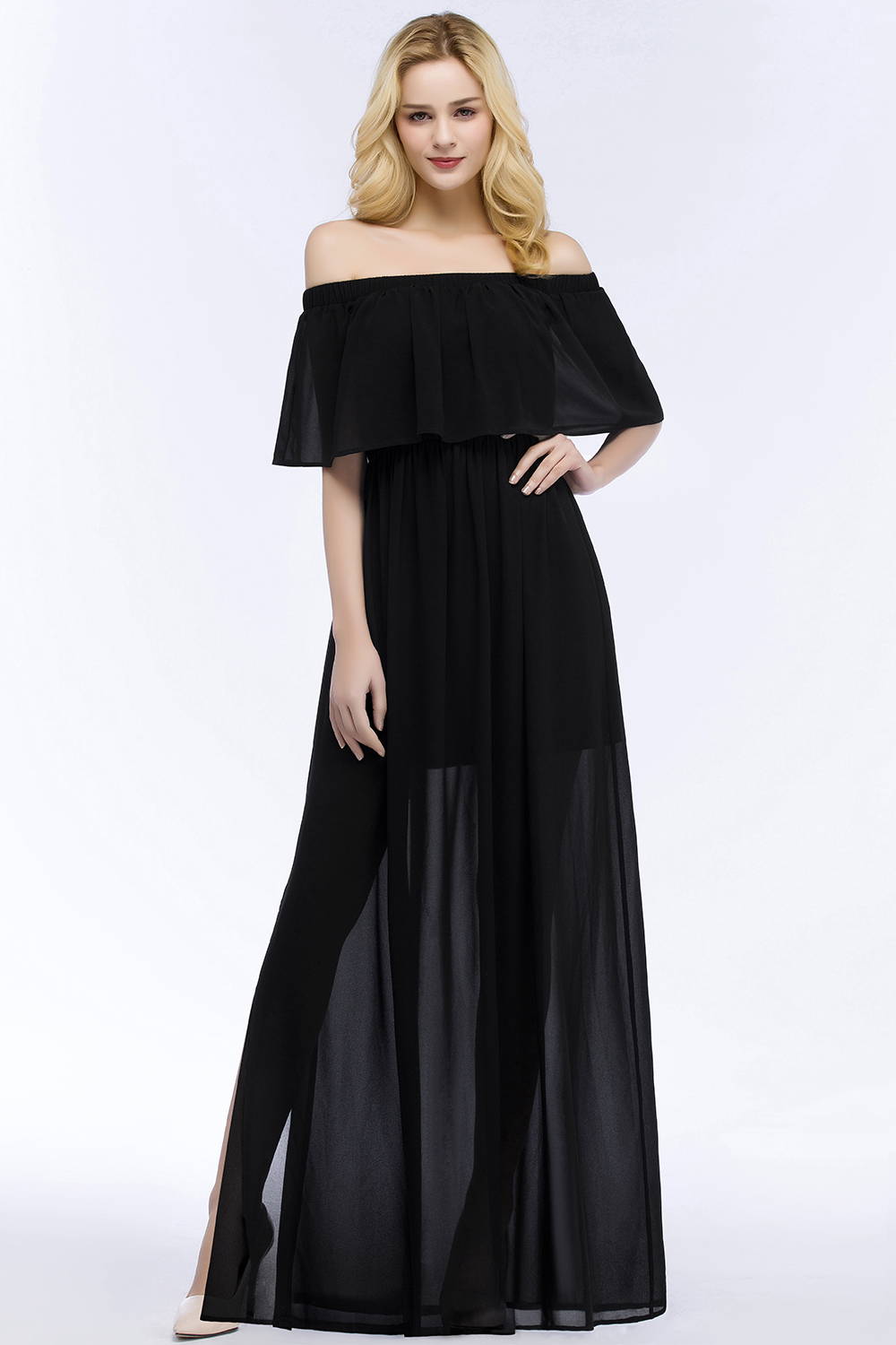 PANDORA | A-line Off-the-shoulder Floor Length Black Chiffon Bridesmaid Dresses-newarrivaldress