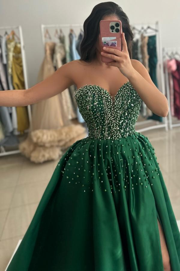 Charming Sweetheart Green Front Split Evening Dress Glitter Strapless Floor Length Satin Aline Special Occasion Dress-newarrivaldress