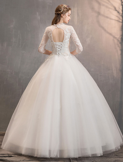 Tulle Wedding Dresses Ivory Illusion Neckline Half Sleeve Floor Length Princess Bridal Dress-newarrivaldress