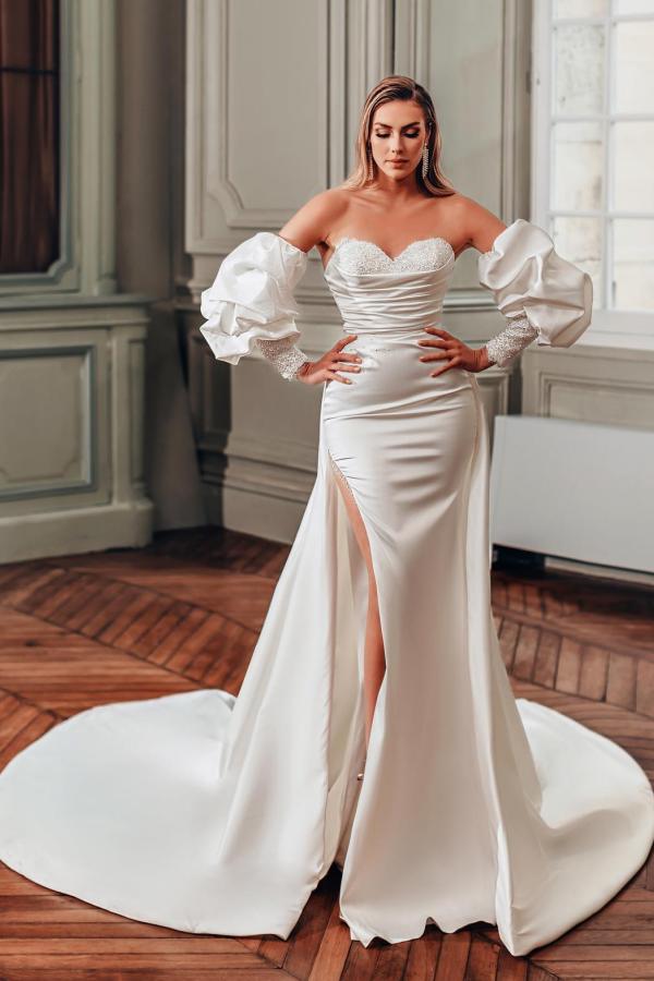 Gorgeous Satin Puffy Sleeves Satin Long Mermaid Wedding Dress Strapless Sweetheart Side Split Bridal Dress-newarrivaldress