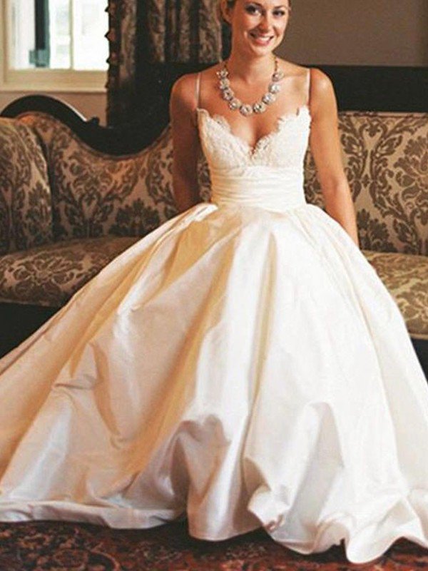 Sweep Train Ruched A-Line Satin Bridal Gowns | Sexy V-neck Sleeveless Wedding Dresses-newarrivaldress