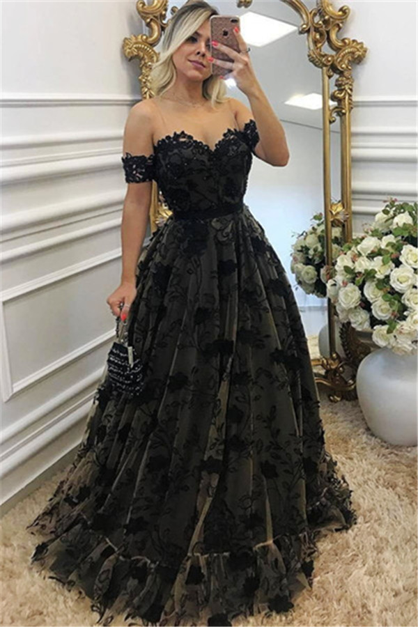 Sexy Black Lace Neck Applique Short Sleeves Long Formal Prom Dresses-newarrivaldress