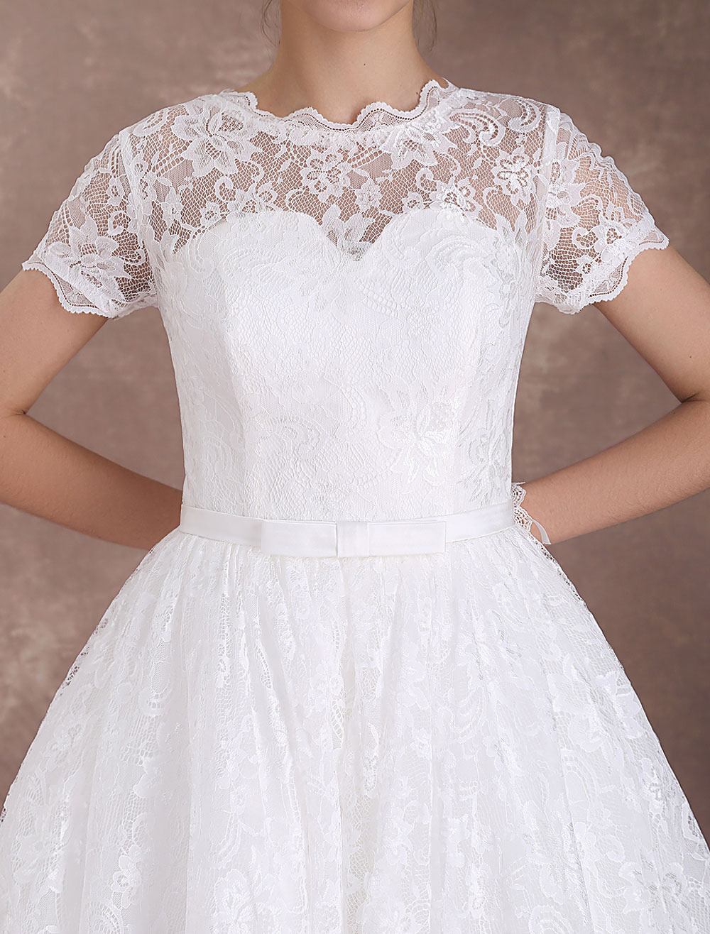 Lace Wedding Dresses Short Sleeve 1950'S Vintage Bridal Dress Sweetheart Illusion Ivory A Line Tea Length Wedding Reception Dress Exclusive-newarrivaldress