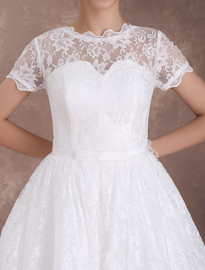 Lace Wedding Dresses Short Sleeve 1950'S Vintage Bridal Dress Sweetheart Illusion Ivory A Line Tea Length Wedding Reception Dress Exclusive-newarrivaldress