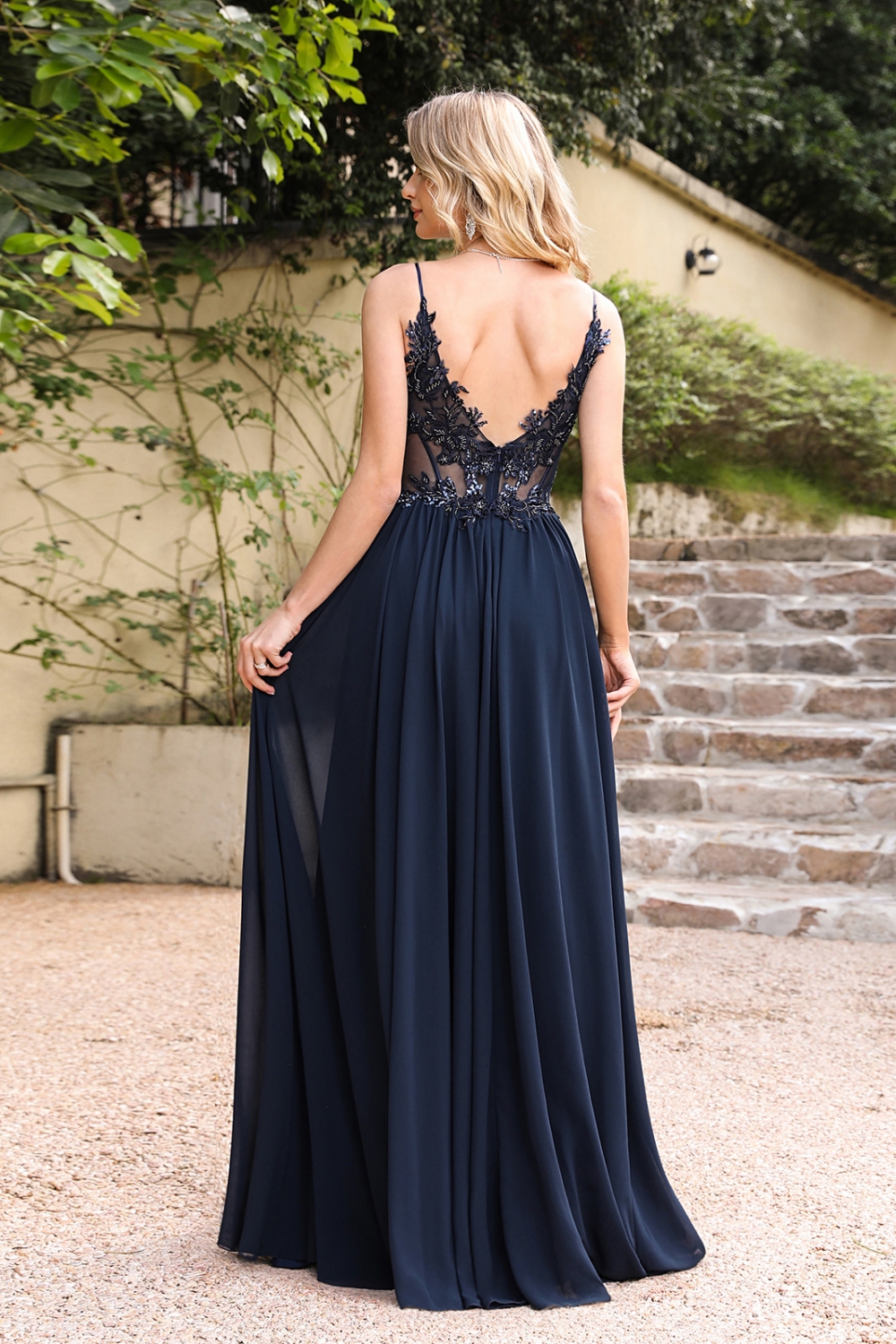 Elegant Sleeveless Navy Blue A-line Evening Dress Lace Appliques Chiffon Simple Bridesmaid Dress-newarrivaldress