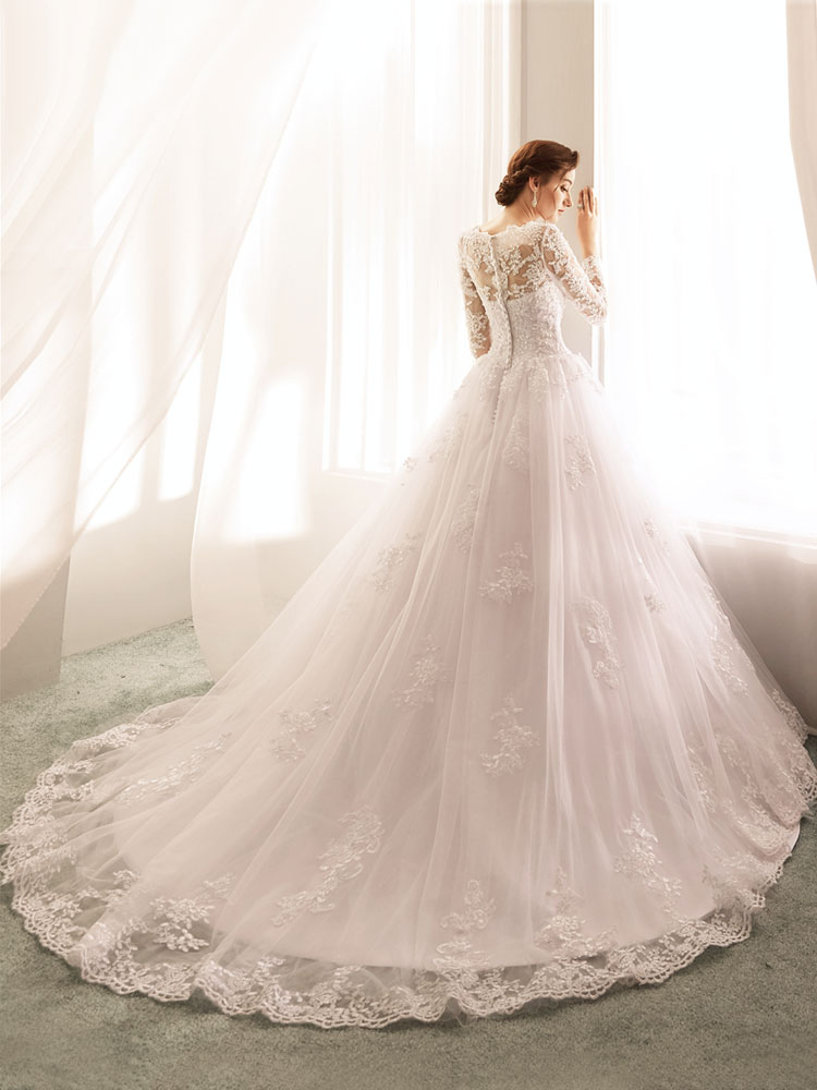 Wedding Dresses 2021 Princess Silhouette Bateau Neck Long Sleeve Natural Waist Lace Tulle Bridal Gowns-newarrivaldress