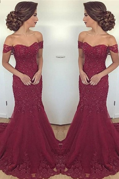 Lace Glamorous Burgundy Mermaid Appliques Long Off-the-Shoulder Evening Dress-newarrivaldress