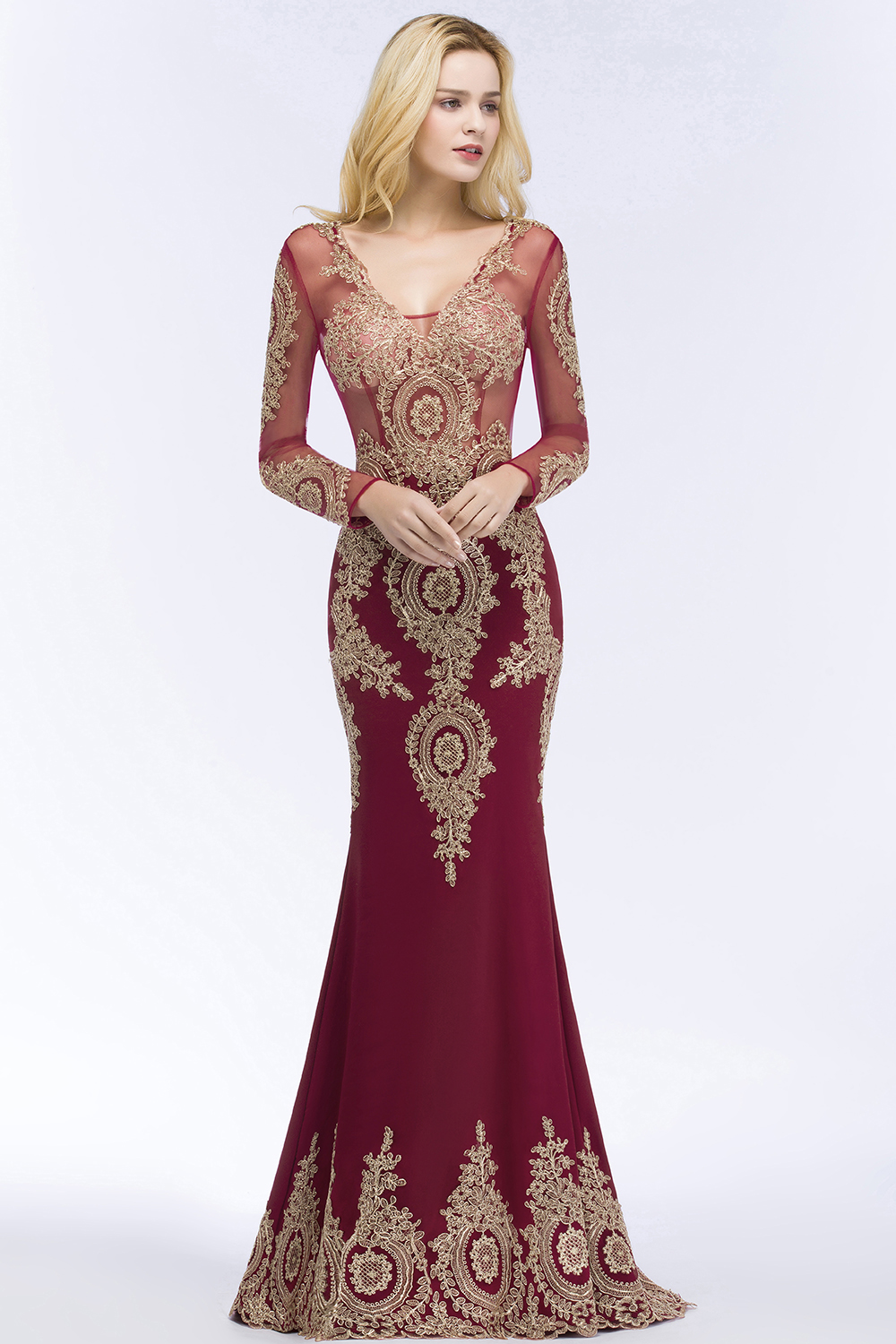 RUTH | Mermaid V-neck Floor Length Long Sleeves Appliques Prom Dresses-newarrivaldress