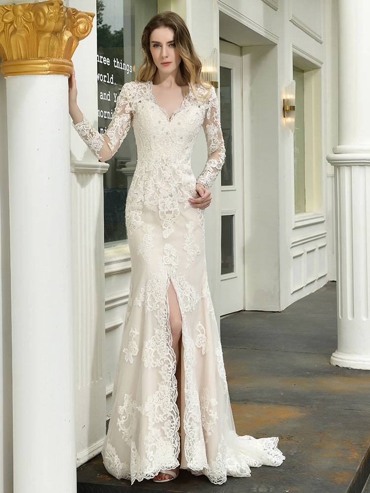 Boho Wedding Dress V Neck Sleeveless Natural Waist Lace Bridal Gowns With Train-newarrivaldress