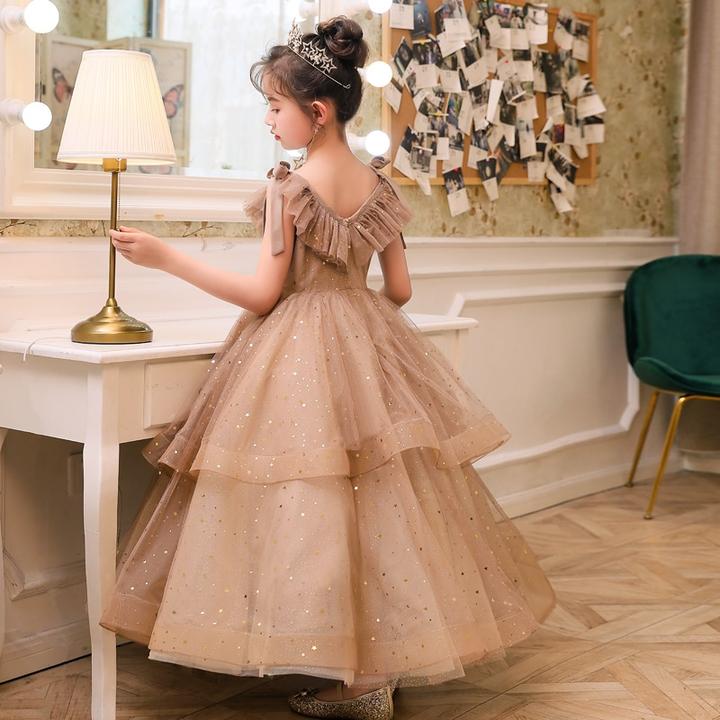 V-Neck Puffy Sleeves Tulle Two Layers Princess Dress for Little Girls-newarrivaldress