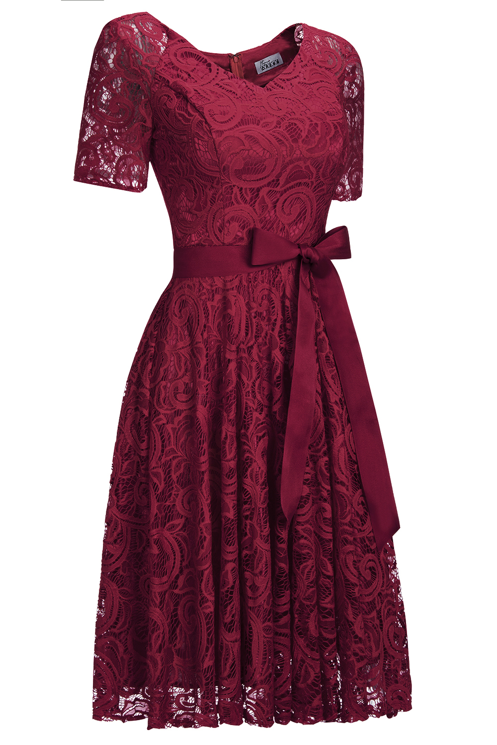 Elegant V-neck Short Sleeves Lace Dresses with Bow Sash-newarrivaldress