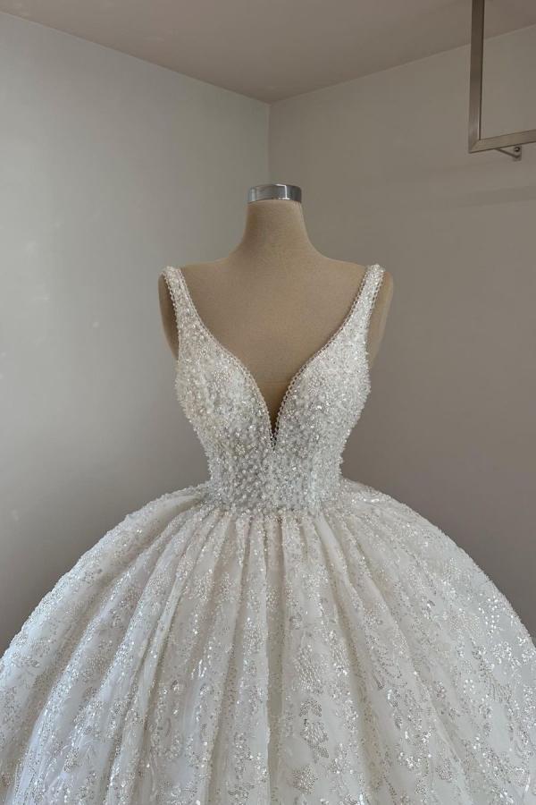 Luxury V-Neck Sequins Bridal Dress Sleeveless A-line Wedding Dress-newarrivaldress