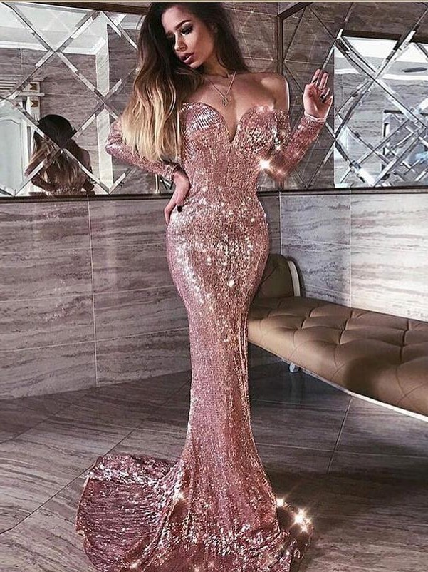 Mermaid Pink Shiny Sequined Strapless Off-the-Shoulder Long Sleeves Prom Dress-newarrivaldress