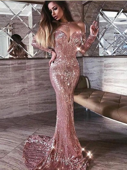 Mermaid Pink Shiny Sequined Strapless Off-the-Shoulder Long Sleeves Prom Dress-newarrivaldress