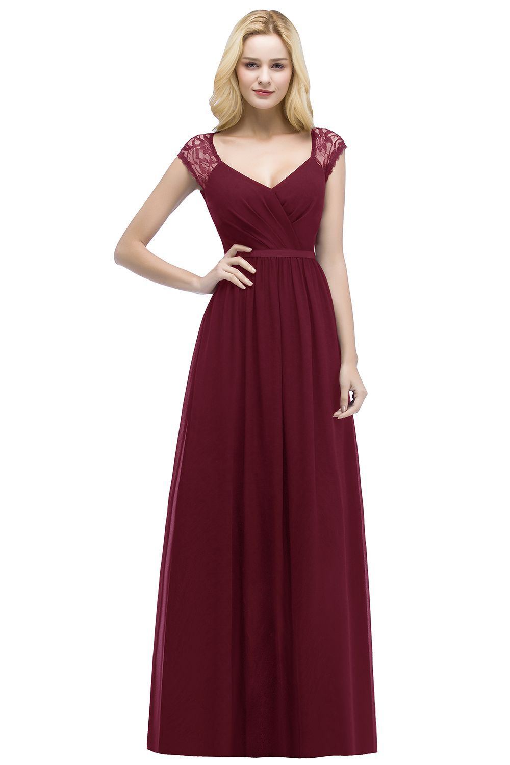 ROSALIA | A-line V-neck Floor Length Lace Chiffon Bridesmaid Dresses with Sash-newarrivaldress