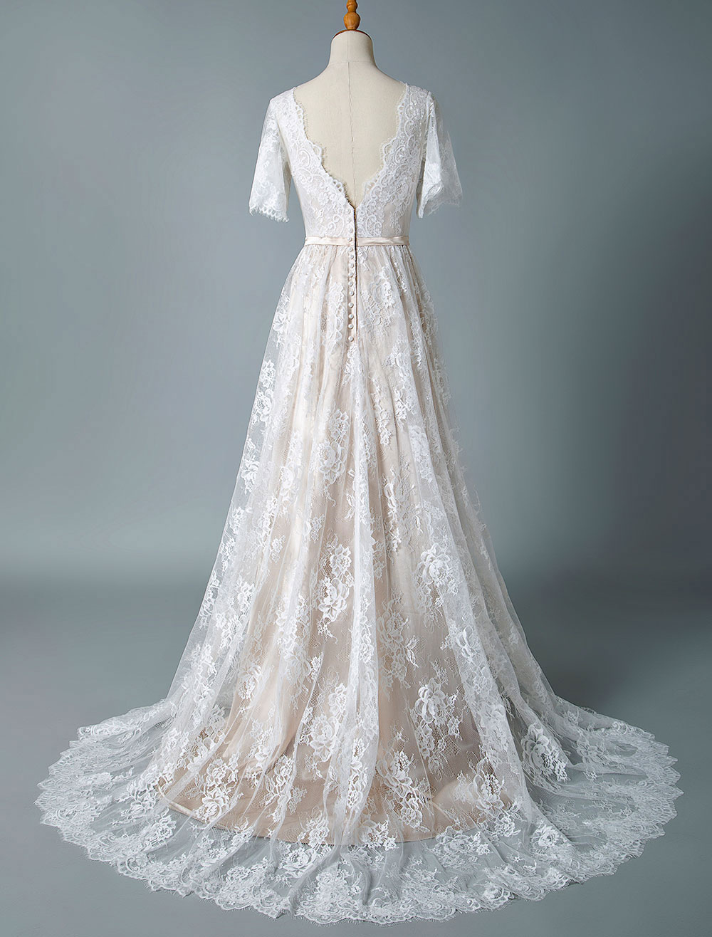 Simple Wedding Dress 2021 V Neck A Line Short Sleeve Deep V Backless Lace Bridal Gowns-newarrivaldress