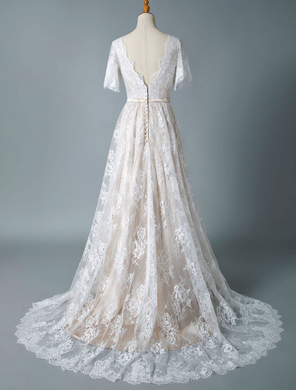 Simple Wedding Dress 2021 V Neck A Line Short Sleeve Deep V Backless Lace Bridal Gowns-newarrivaldress