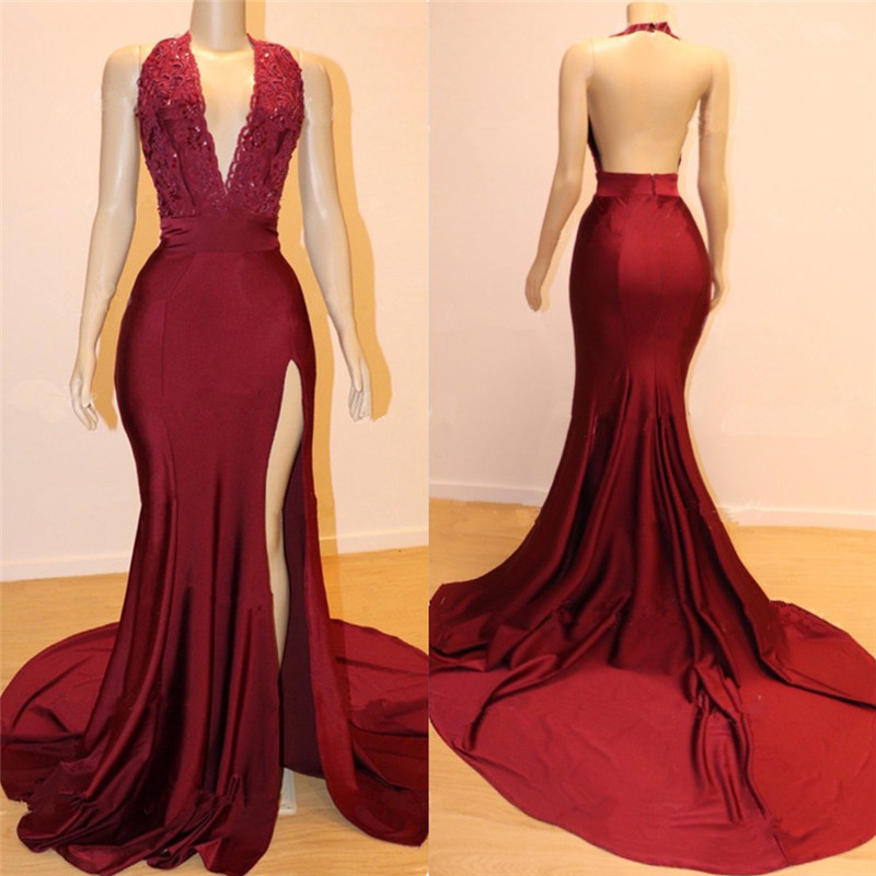 Open Back Burgundy Long Prom Dresses with Slit | V-neck Halter Affordable Evening Gowns with Court Train-newarrivaldress