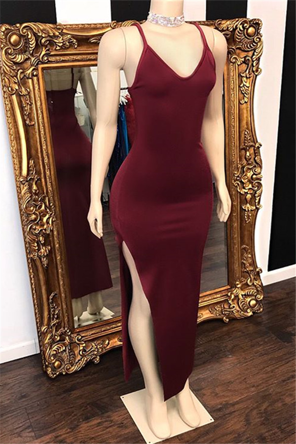 Burgundy Spaghetti Straps V-Neck Side Slit Long Prom Dresses-newarrivaldress