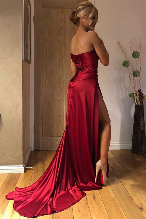 Glamorous Red Strapless Bateau Side-Slit Evening Gown-newarrivaldress