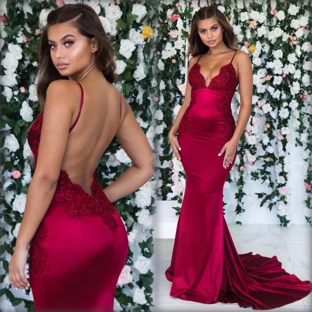Burgundy Sleeveless Mermaid Backless Prom Dresses | Spaghetti-Straps Lace Appliques Evening Gowns-newarrivaldress