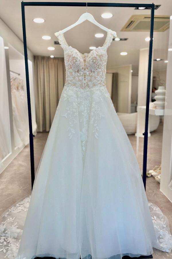 Elegant Tulle Aline Wedding Dress Floral Lace Appliques Sweetheart Bridal Dress Sleeveless-newarrivaldress