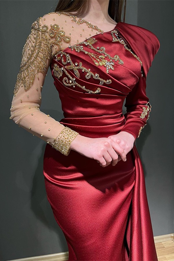 Stunning Burgundy Satin Mermaid Prom Dress Long Sleeves with Gold Beadings-newarrivaldress