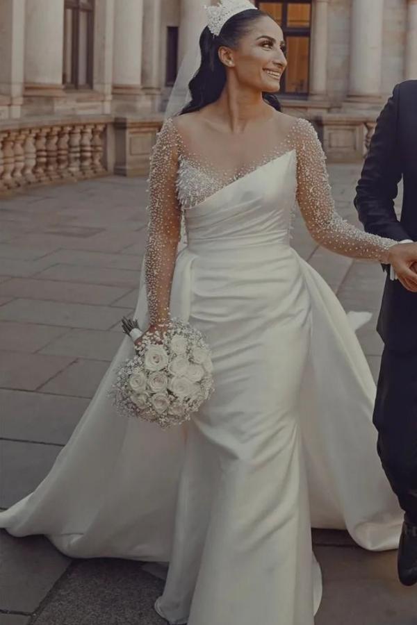 Gorgeous Long Sleeves Satin Wedding Dress Glitter Beadings Bridal Gown with Sweep Train-newarrivaldress