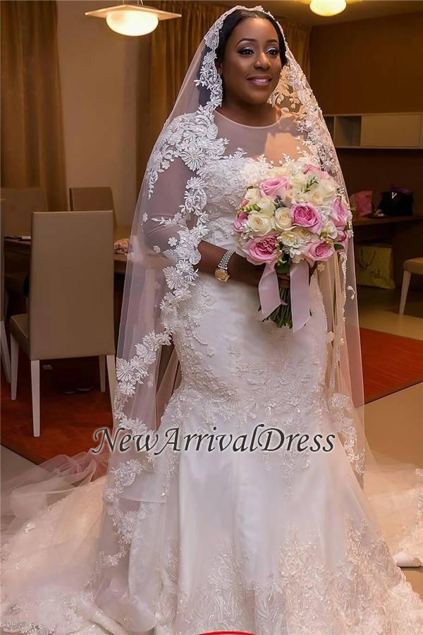 Appliques Tulle Mermaid See Through New Lace Half Sleeve Scoop Wedding Dresses-newarrivaldress