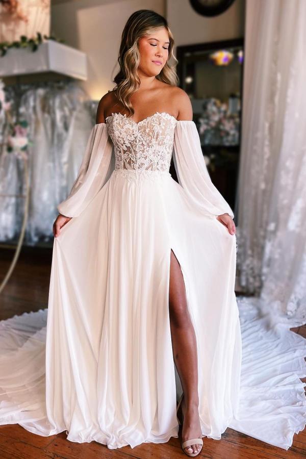 Elegant Off Shoulder Lace Chiffon Beach Wedding Dress with Front Slit-newarrivaldress