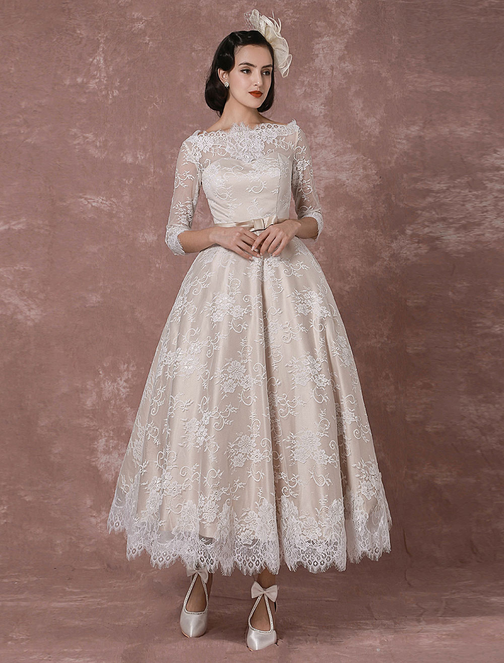 Lace Wedding Dress Vintage Bateau Champagne Half Sleeves Bridal Gown A Line Backless Tea Length Sash Reception Bridal Dress Exclusive-newarrivaldress
