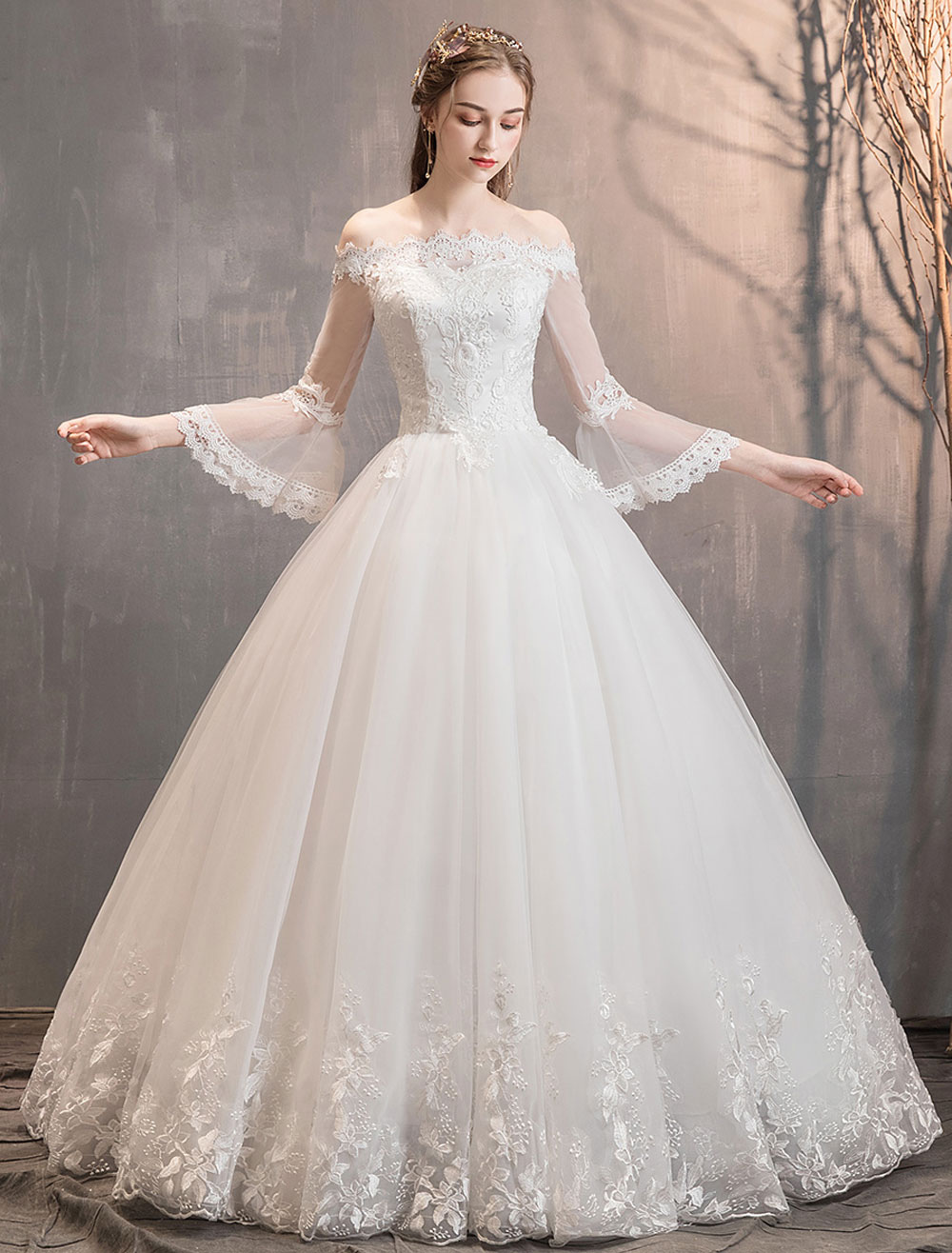 Lace Wedding Dresses Ivory Off The Shoulder Lace Applique Princess Bridal Gown-newarrivaldress
