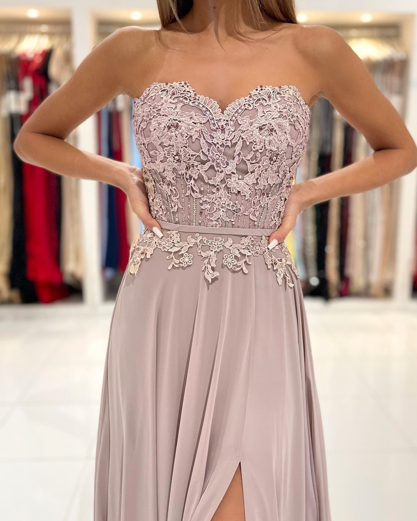Sweetheart Side Slit Evening Prom Dress with Floral Lace Appliques-newarrivaldress