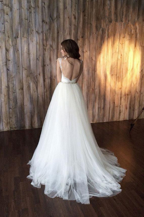 Cap Sleeve Sexy V-neck Crystals Detachable Tulle Overskirt Wedding Dresses-newarrivaldress