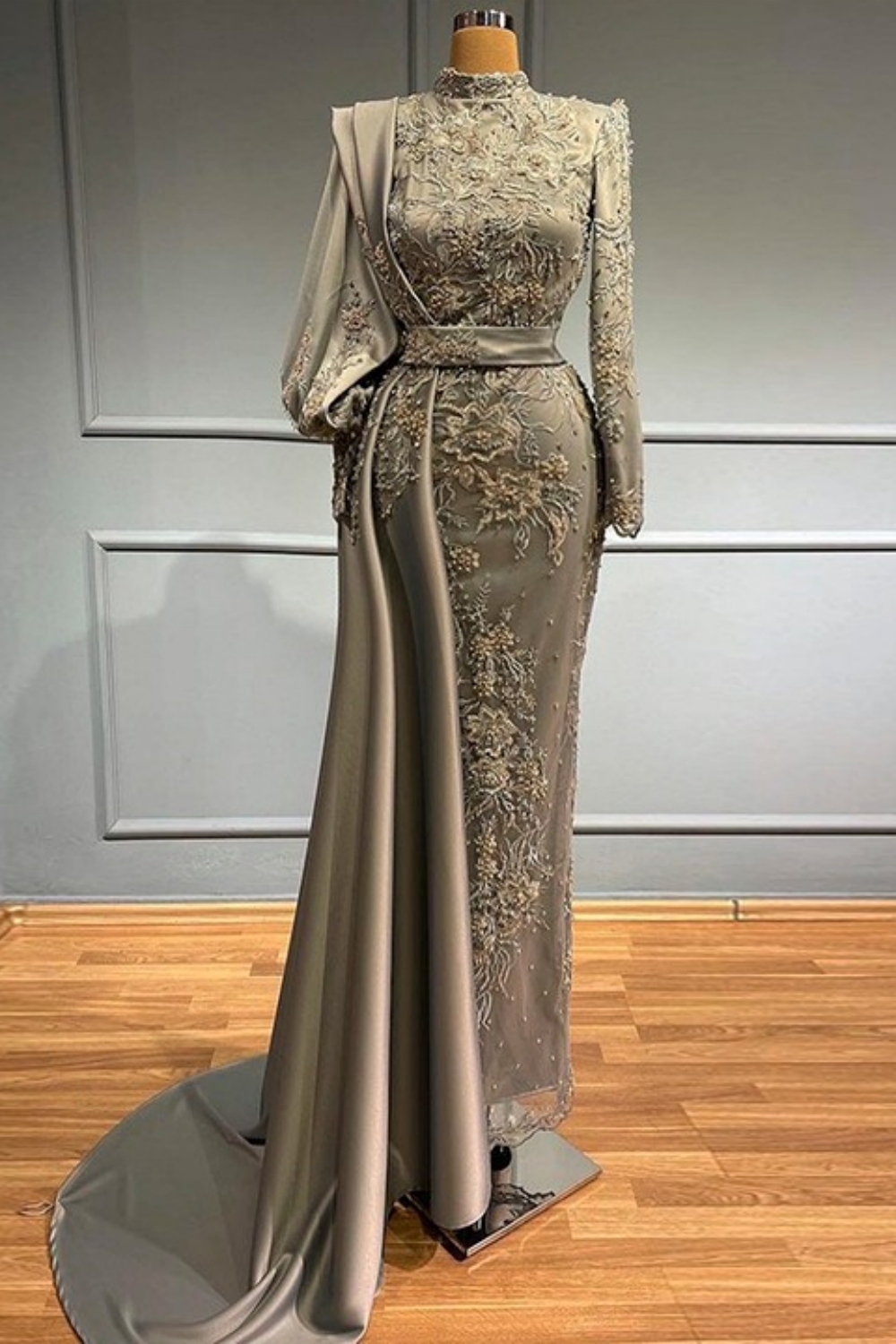 Gorgeous High Neck Long Sleeves Satin Mermaid Evening Gowns Gold Appliques with Sweep Train-newarrivaldress