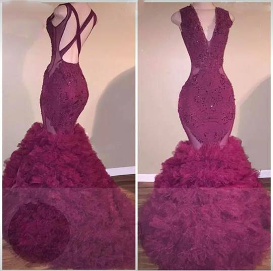Beaded Mermaid Ruffled Sleeveless Gorgeous Cris-cross Back V-neck Applqiues Prom Dresses-newarrivaldress