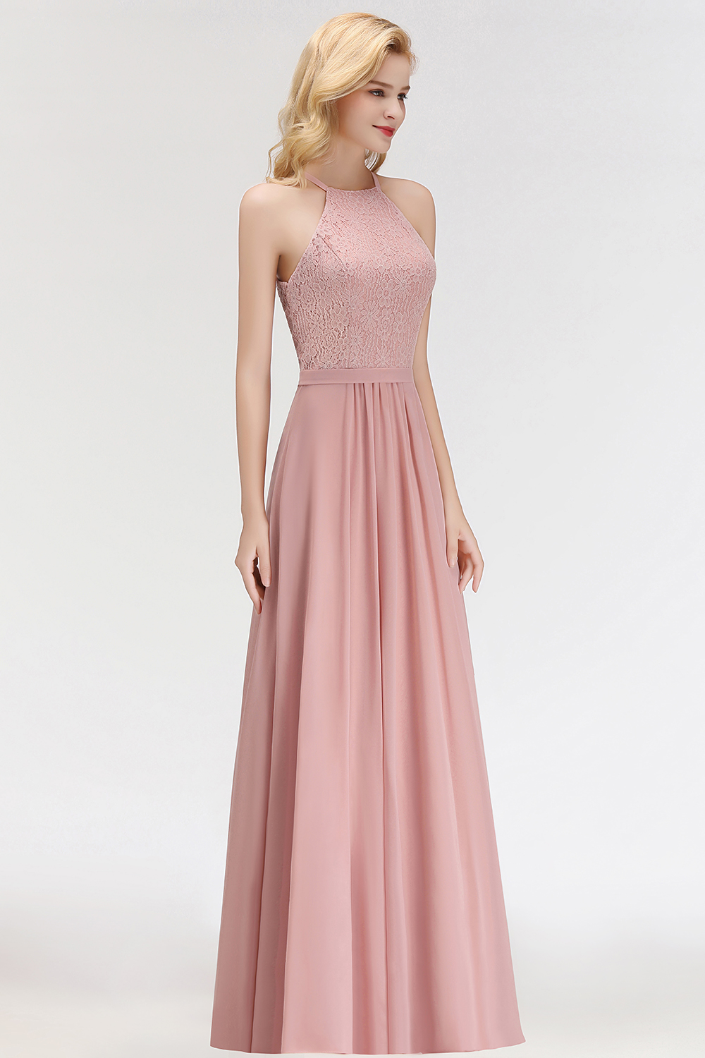 MARIANNA | A-line Sleeveless Halter Long Lace Chiffon Bridesmaid Dresses-newarrivaldress