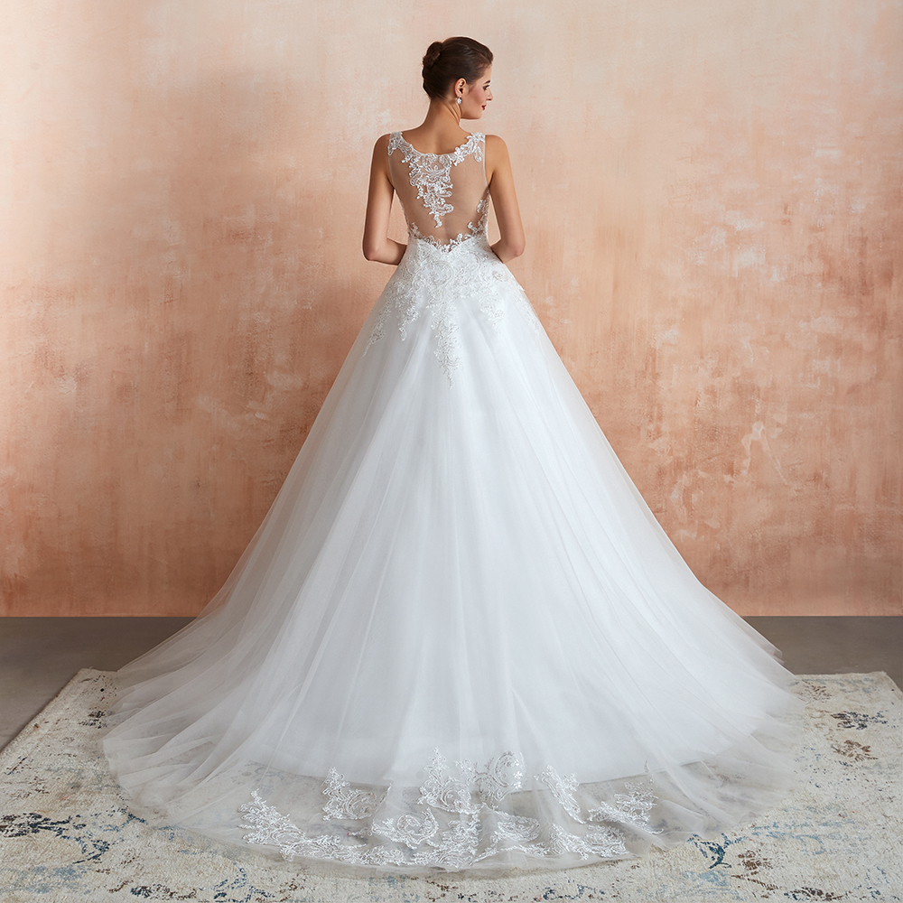 White Floral Lace Wedding Dress V-NeckTulle Aline Bridal Dress-newarrivaldress
