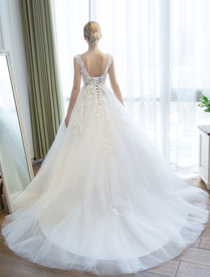 Wedding Dresses Princess Ball Gown Ivory Bridal Gown V Neck Illusion Backless Lace Applique Tulle Bridal Dress With Train-newarrivaldress