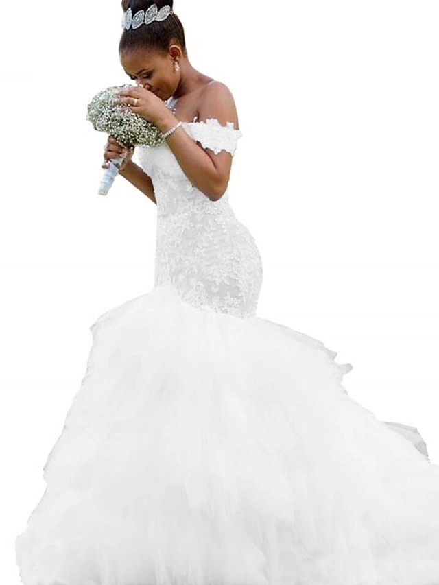 Modest Mermaid Wedding Gowns Off Shoulder Ruffles Tulle Lace Bridal Dress-newarrivaldress