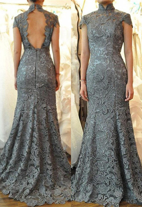 Simple High Neck Lace Cap Sleeve Mermaid Mother Of Bride Dress-newarrivaldress