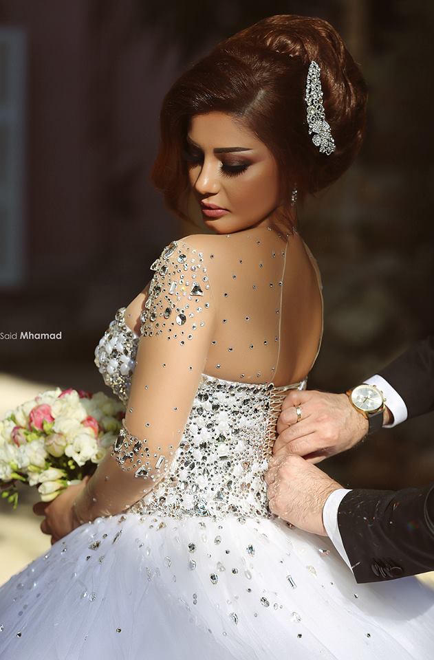 Sweetheart Crystalss Ball Gown Wedding Dress See Through Long Sleeve -up Princess Chapel Train Wedding Gowns-newarrivaldress