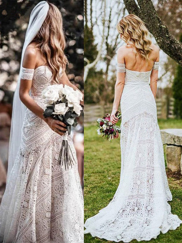 White Lace Wedding Dress Floor Length Sheath Sleeveless Lace Sweetheart Neck Bridal Dresses Train Dress-newarrivaldress