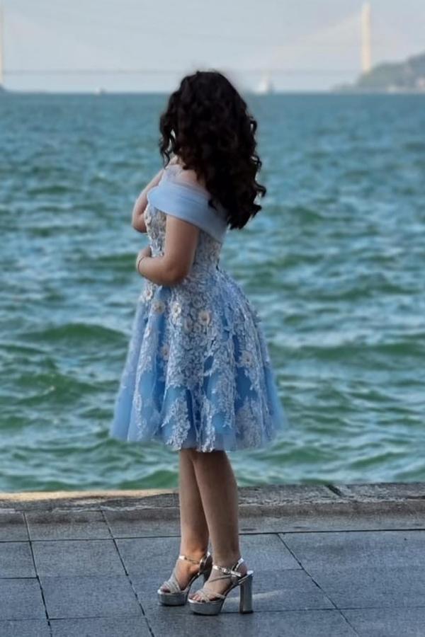 Off-the-Shoulder Tulle Flower Short Party Dress Elegant Cocktail Dress Knee Length-newarrivaldress