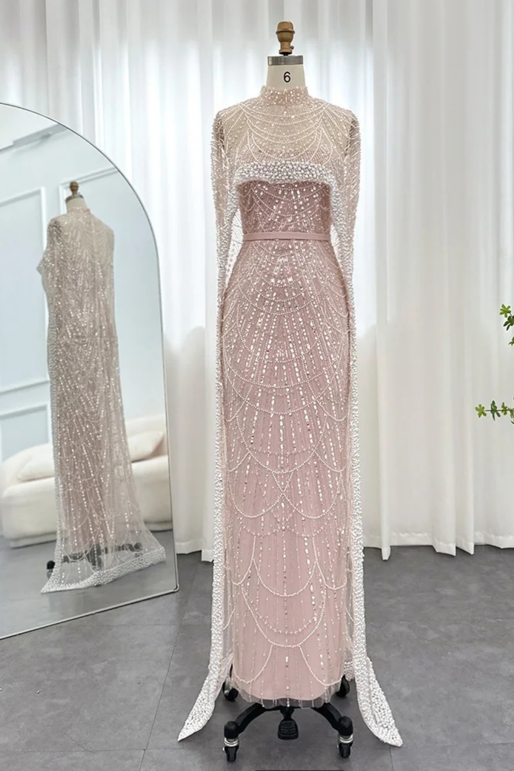 Luxury Sequins Dubai Mermaid Evening Dress with Cape Glitter Pearls Floor Length Party Dress-newarrivaldress